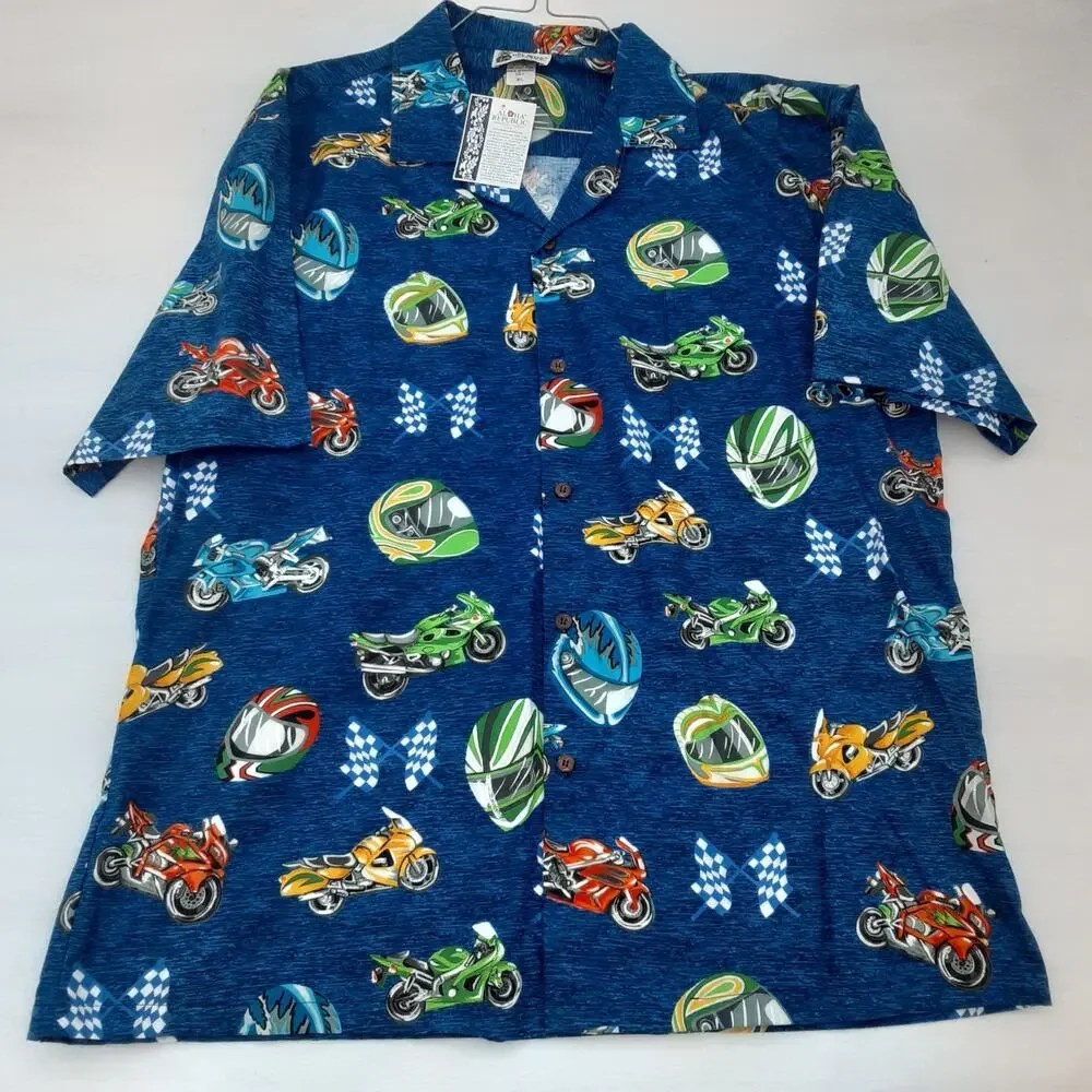Aloha Republic Hawaiian Shirt Men’s XL Motorcycle Made USA Biker Print Blue EUC